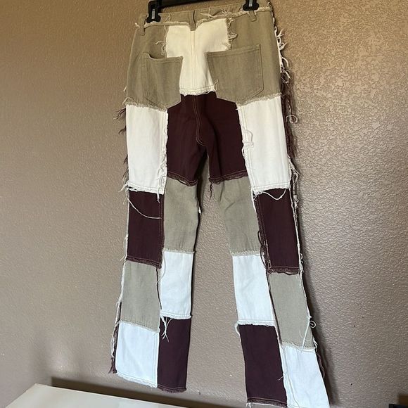 Brown khaki and white Patchwork Jeans size medium - Picture 3 of 6